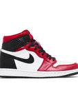 Side of the women's Nike Air Jordan 1 Retro High Satin Snake Chicago sneakers in black, red and white