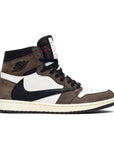 Side of Nike Air Jordan 1 Retro High Travis Scott basketball shoes in mocha, white and black