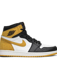 Side of the Nike Air Jordan 1 High Yellow Ochre Michael Jordans in white, black and ochre