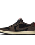 Side of the Nike Air Jordan 1 Retro Low OG SP Travis Scott sneakers in brown, black and white