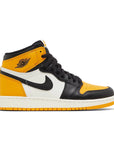 Side of Nike Air Jordan 1 Retro High Yellow Toe Taxi basketball shoes in yellow, white and black