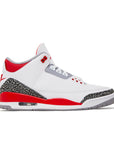 Side of Nike Jordan Air 3 basketball shoes in a white fire red colour