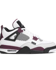 Side of the Nike Air Jordan 4 Retro PSG Paris Saint-Germain basketball sneakers in white, purple and black