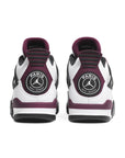 Heels of the Nike Air Jordan 4 Retro PSG Paris Saint-Germain basketball sneakers in white, purple and black