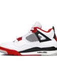 Side of the Nike Air Jordan 4 Retro Fire Red (2020) basketball shoes in white and red