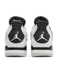 Heels of the Nike Air Jordan 4 retro military black basketball shoes are in a white and black colourway.