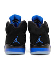 Heels of the Nike Air Jordan 5 Retro Racer basketball shoes in black and blue