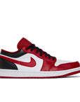 Side of the Nike Air Jordan 1 Low Bulls sneakers in white, red and black