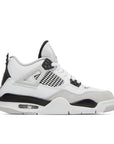 Side of the grade school kids Nike Air Jordan 4 military black basketball shoes in white and black