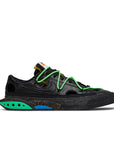Side of the Nike Blazer Low Off-White Black Electro Green sneaker in black