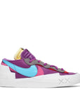 Side of the Nike Blazer Low Sacai KAWS Purple Dusk skateboard shoe in purple and white