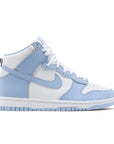 Side of the womens Nike dunk high basketball shoes in a white blue aluminium colour