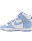 Side of the womens Nike dunk high basketball shoes in a white blue aluminium colour
