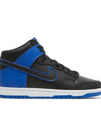 Side of the Nike dunk high basketball shoes in a black blue camo colour
