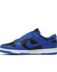 Side of the Nike dunk low in a black hyper cobalt colour