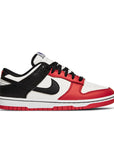 Side of the Nike dunk low basketball shoes in a red black white chicago colour