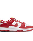 Side of the Nike dunk low in a white red "gym red" colour