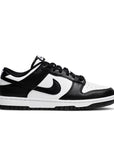 Side of the Nike dunk low in a black white "Panda" colour