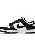 Side of the Nike dunk low in a black white "Panda" colour