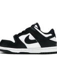 Side of the toddler version of the Nike dunk low in a black white "Panda" colour
