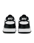 Heel of the older kids version of the Nike dunk low in a black white "Panda" colour