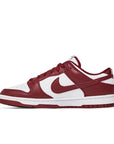 Side of the Nike dunk low in a white red "team red" colour
