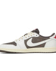 Side of the Nike Air Jordan 1 Low OG SP Travis Scott Reverse Mocha exclusive sneakers in white, mocha and brown