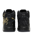 Heel of the Faust Nike sb dunk high skating shoes in a black gold grafitti colour