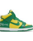 Side of the Nike sb dunk high supreme basketball shoes in yellow green brazil colour