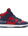 Side of the Nike sb dunk high supreme basketball shoes in red navy colour