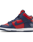 Side of the Nike sb dunk high supreme basketball shoes in red navy colour
