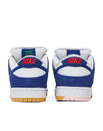Heel of the Nike sb dunk low los angeles dodgers skating shoes in white and blue