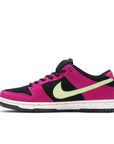 Side of the Nike sb dunk low acg skating shoes in a black and magenta colour