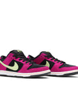 A pair of Nike sb dunk low acg skating shoes in a black and magenta colour