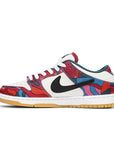 Side of the Nike sb dunk low pro parra abstract art skating shoes in a pop art and Olympics inspired design