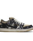 Side of the Nike sb dunk low Travis Scott skating shoes in a white and blue plaid and paisley colour
