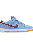 Side of the Nike SB Dunk Low Valour Blue Team Maroon skating shoes in blue and burgundy