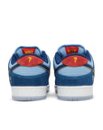 Heel of the Nike sb dunk low pro why so sad skating shoes in dark and light blue.