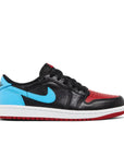 Side of Jordan 1 Retro Low OG NC to Chi in black, red and blue