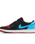 Side of Jordan 1 Retro Low OG NC to Chi in black, red and blue