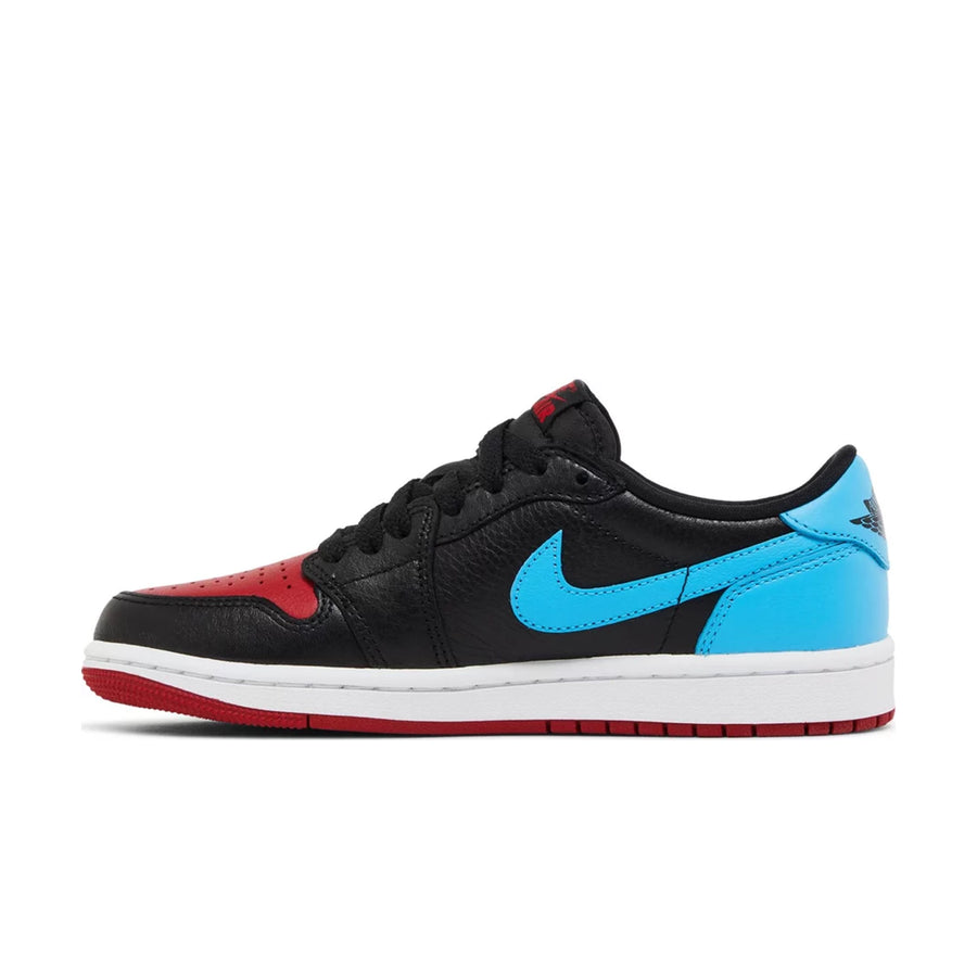 Side of Jordan 1 Retro Low OG NC to Chi in black, red and blue