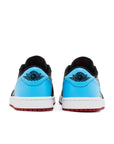 Heels of Jordan 1 Retro Low OG NC to Chi in black, red and blue