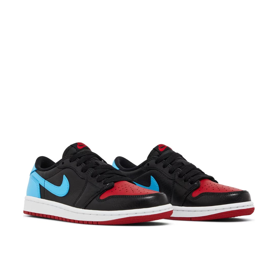 Pair of Jordan 1 Retro Low OG NC to Chi in black, red and blue