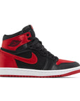 Side of Jordan 1 Retro High OG Satin Bred (W) in black and red