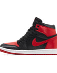 Side of Jordan 1 Retro High OG Satin Bred (W) in black and red