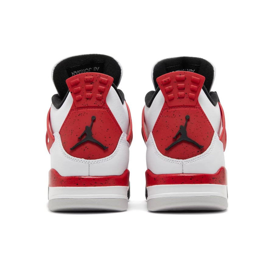 Heels of Jordan 4 Retro Red Cement in red and white.