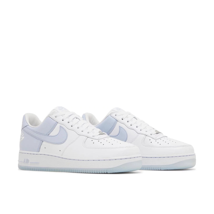 Pair of Nike Air Force 1 QS Terror Squad Loyalty in White and Porpoise Blue