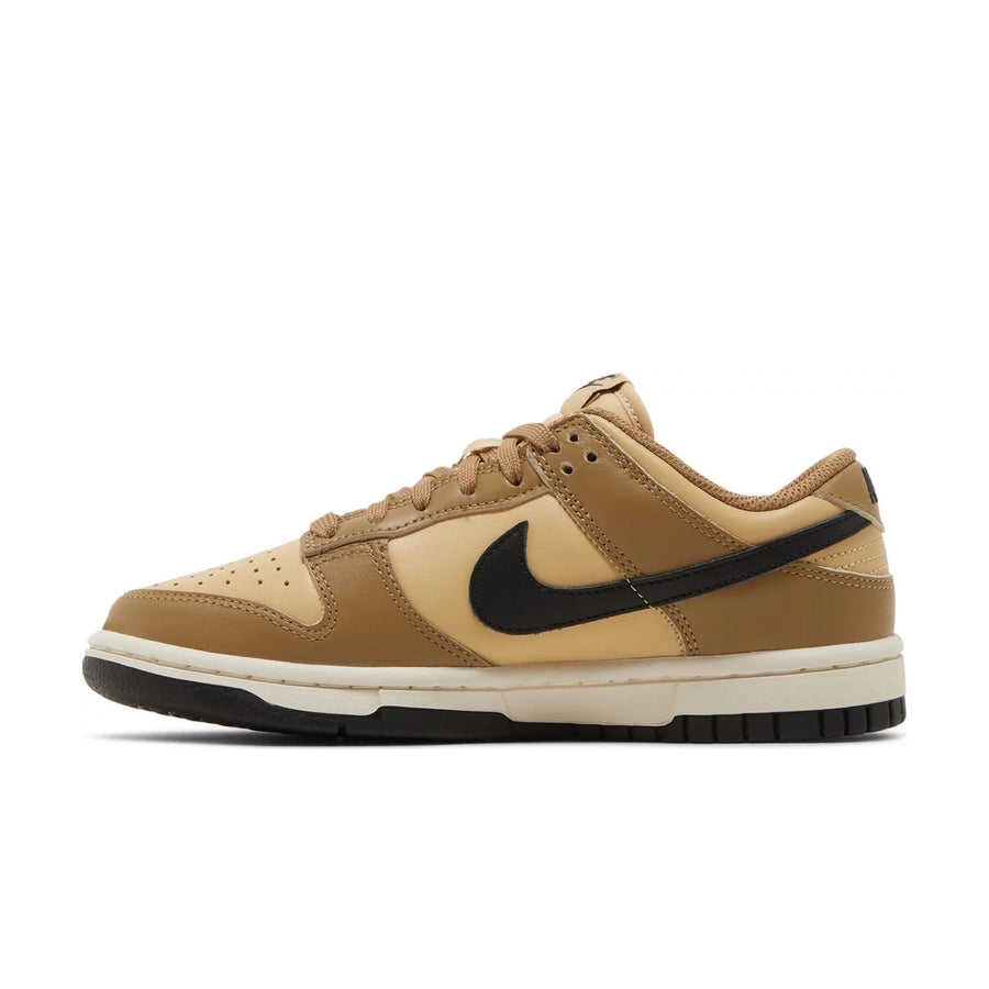 Side of Nike Dunk Low Dark Driftwood (W) in brown and beige.