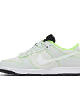 Side of Nike Dunk low University of Oregon PE in silver, white, black and green
