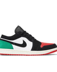 Side of Jordan 1 Low Quai 54 (2023) in red, green, black and white.